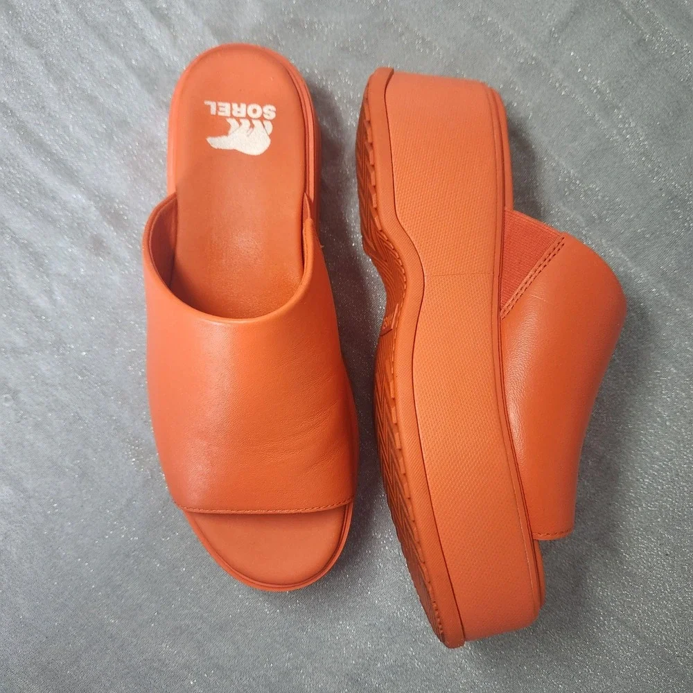Sorel Dayspring Slide Orange Leather Platform Sandals Womens 7 Chunky Mules Y2K
